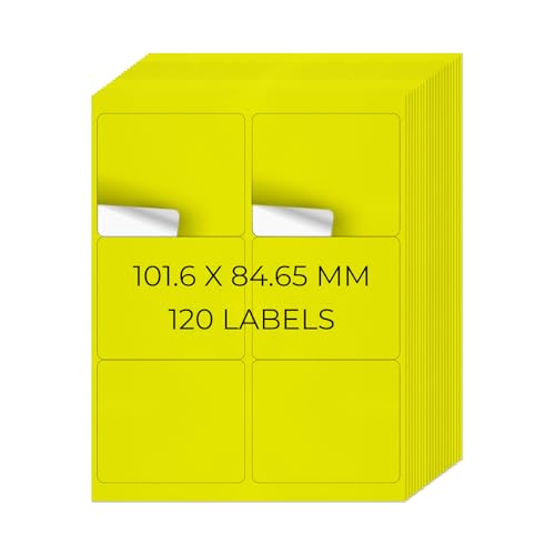 YIKIADA Neon Gelb Universal Etiketten 101,6 X 84,67 MM Vinyl Selbstklebend Ablösbar Blanko Aufkleber Bedruckbar Namenaufkleber Büro Adressetiketten für Tintenstrahl- und Laserdruckern 120 Stück von YIKIADA