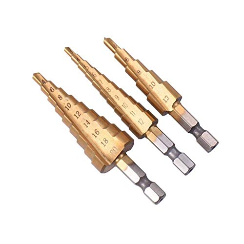 3 stücke Hss Stahl Titan Stufenbohrer 3-12mm 4-12mm 4-20mm Stufenkegel Schneidwerkzeuge Stahl Holzbearbeitung Holz Metall Bohrset(3pcs with bag) von YINGDLEB