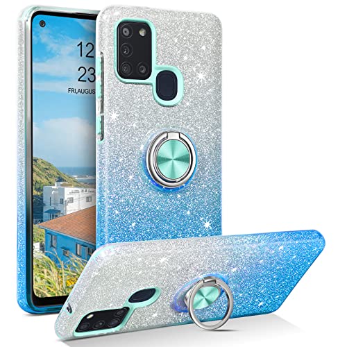 YINLAI Schutzhülle für Samsung Galaxy A21S, glitzernd, glitzernd, für Mädchen und Damen, mit Ringhalter, Ständer, Schutzhülle für Samsung Galaxy A21S, blauer Farbverlauf von YINLAI