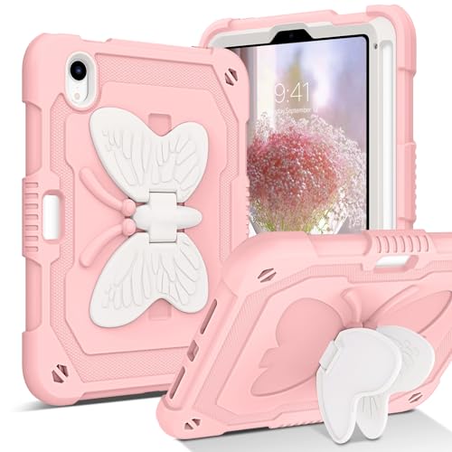 YINLAI Schutzhülle für iPad Mini 6, 2021, Camouflage, zweilagig, stoßfest, Schmetterling-Ständer, Ganzkörper-Kinder-Schutzhülle für iPad Mini 6, Rosa von YINLAI