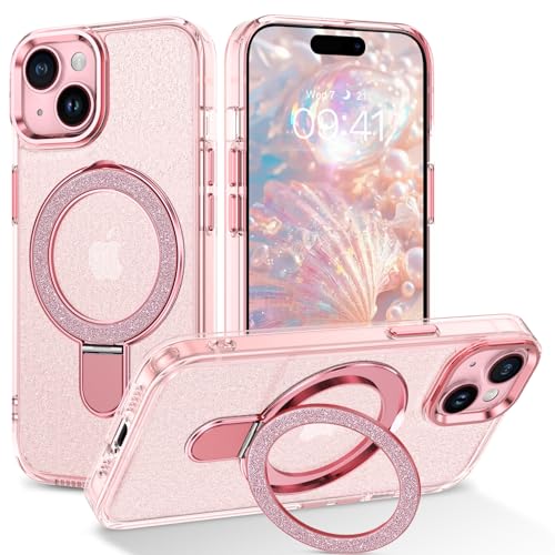 YINLAI für iPhone 14 Hülle mit Ständer Kompatibel mit magsafe,HandyHülle iPhone 13 mit Magnetische Ring Kabellos Leicht Dünn TPU Bumper PC Schale Cover Case Hülle für iPhone 13/14 6.1",Glitzer Rosa von YINLAI