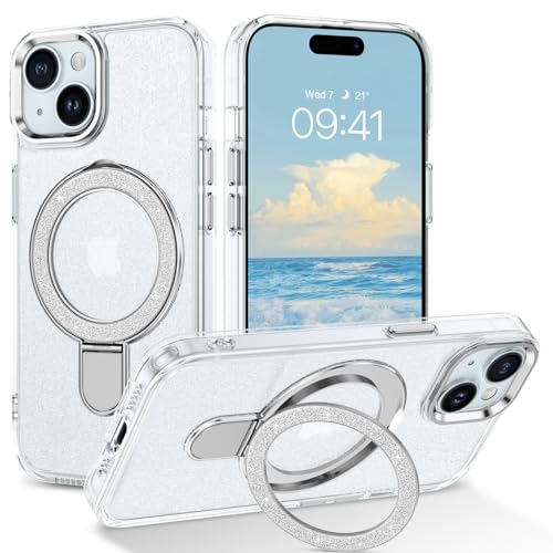 YINLAI für iPhone 15 Hülle Kompatibel mit magsafe,HandyHülle iPhone 15 mit Ständer Ringhalter Kabellos Leicht Dünn TPU Bumper PC Schale Cover Case Hülle für iPhone 15 6.1 Zoll,Transparent Glitzer von YINLAI