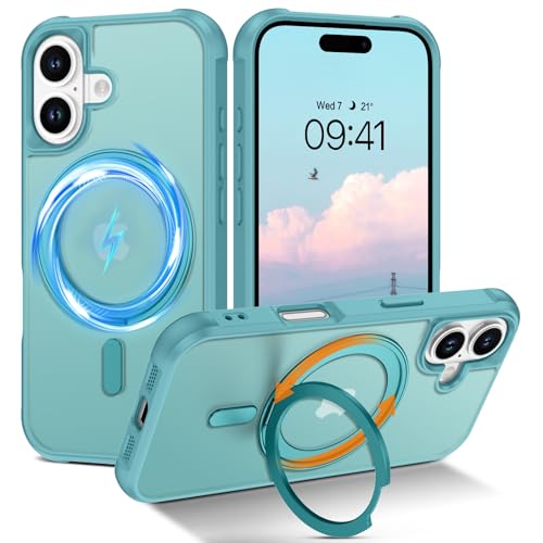 YINLAI für iPhone 16 Plus Hülle Kompatibel mit Magsafe mit Ständer,HandyHülle iPhone 16 Plus Magnetisch mit 360° Ring Translucent Matt Stoßfest Cover Case Schutzhülle für iPhone 16 Plus 6.7",Blaugrün von YINLAI