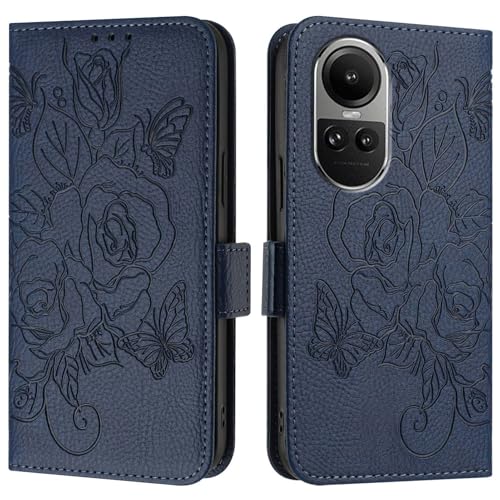 Handy-Geldbörsenhülle Kompatibel mit OPPO Reno 10/ Reno 10 Pro Hülle, Brieftaschen-Hülle, schlankes PU-Leder-Handy-Flip-Folio-Gehäuse, stoßfeste Schutzhülle mit Kartenhaltern + Handschlaufe(Blue) von YIPCFXDJ