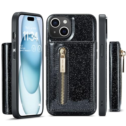 Handyhüllen-Pakete Compatible with iPhone 15 Plus Brieftaschenhülle mit Kartenhalter, magnetische, abnehmbare, dreifach faltbare Brieftaschenhülle mit Reißverschluss, Ledergeldbörse, Ständer, stoßfest von YIPCFXDJ