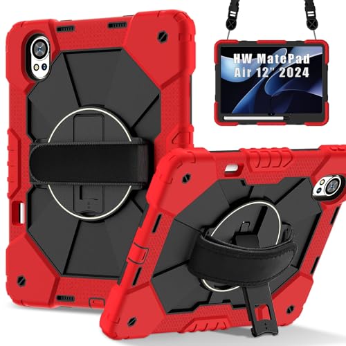 Tablet PC Hüllen Abdeckung Compatible with Huawei MatePad Air 12 inch 2024 Tablet Case Full Protective Shockproof Case, Case with Pencil Holder&Rotating Multi-Function Grip Bracket(Red+Black) von YIPCFXDJ