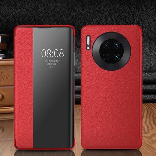 YIPCFXDJ Handy-Geldbörsenhülle Kompatibel mit Huawei Mate 30 Hülle, transparentes Smart-Fenster, luxuriöses Flip-Slim-Spiegel-Hart-PC-Leder, stoßfeste Schutzhülle for Huawei Mate 30-Handyhülle(Red) von YIPCFXDJ