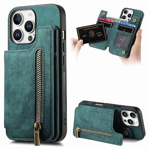 YIQIANJ Hülle für iPhone 16 Pro Max Standfunktion Vintage Reißverschluss Brieftasche Faltbare Backcover Grün von YIQIANJ