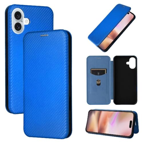 YIQIANJ Klapphülle für iPhone 16 Plus, vollständiger Schutz, magnetische Kohlefaser mit Kartenhalter, Ständer, Karteneinführung, Leder, Folio-Klapphülle, Blau von YIQIANJ