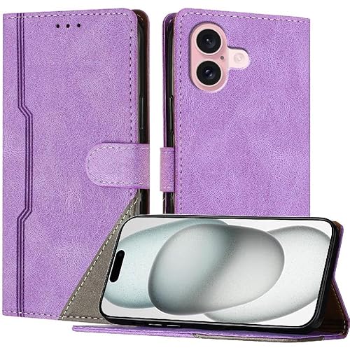 YIQIANJ Schutzhülle für iPhone 16 Plus, PU-Leder, Brieftasche, Kartenfächer, Magnetverschluss, praktischer Ständer, Violett von YIQIANJ