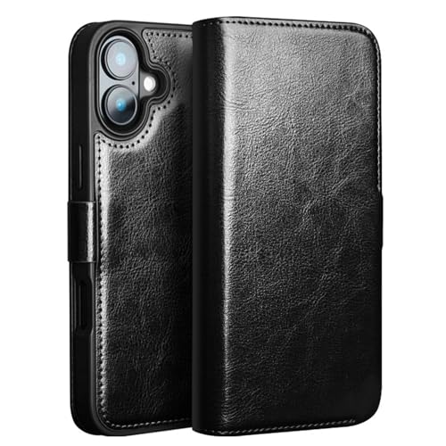 YIQIANJ Schutzhülle für iPhone 16 Pro Max, echtes Leder, Brieftaschen-Hülle, klassisches Business-Echtleder, Klappständer mit Kartenschlitz, Schwarz von YIQIANJ