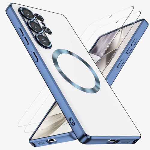 YIRSUR 3 in 1 für Samsung Galaxy S25 Ultra Hülle für Mag Safe,1 Handyhülle mit 2 Stück Schutzfolie, Vollständiger Kameraschutz Durchsichtig Magnetisch Ultra Dünn Silikon Handyhülle (Blau) von YIRSUR