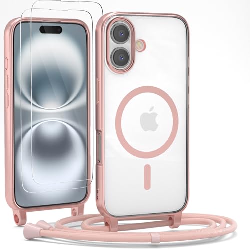 YIRSUR Handykette für iPhone 16 Hülle mit Band Und 2 Schutzfolie, [Kompatibel mit Magsafe] Magnetische Transparent Silikon Necklace Handyhülle Abnehmbar Stoßfest Schutzhülle mit Kordel- Rosa von YIRSUR