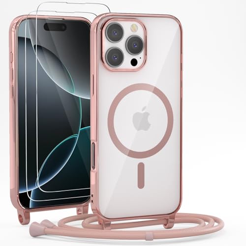 YIRSUR Handykette für iPhone 16 Pro Max Hülle mit Band Und 2 Schutzfolie,[Kompatibel mit Magsafe] Magnetische Transparent Silikon Necklace Handyhülle Abnehmbar Stoßfest Schutzhülle mit Kordel- Rosa von YIRSUR