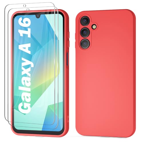 YIRSUR Kompatibel mit Samsung Galaxy A16 4G/5G Hülle Silikon mit 2 Stück Schutzfolie und Kameraschutz, Ultra Dünn Silicone Handyhülle Matte Schutzhülle Stoßfeste Kratzfeste Rundumschutz Case Rot von YIRSUR