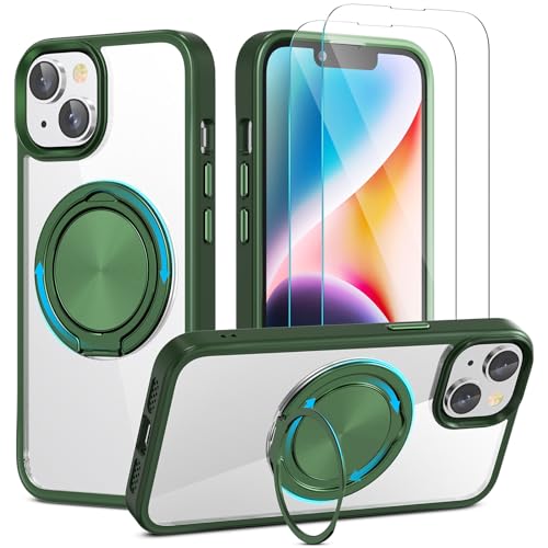 YIRSUR Unsichtbarer Magnetisch Ständer für iPhone 13/14 Hülle mit 2 Stück Glasfolie, Kompatibel mit Magsafe, 360° Verstellbarem Ständer Transparente TPU Stoßfeste Anti-Rutsch-Schutzhülle,Grün von YIRSUR