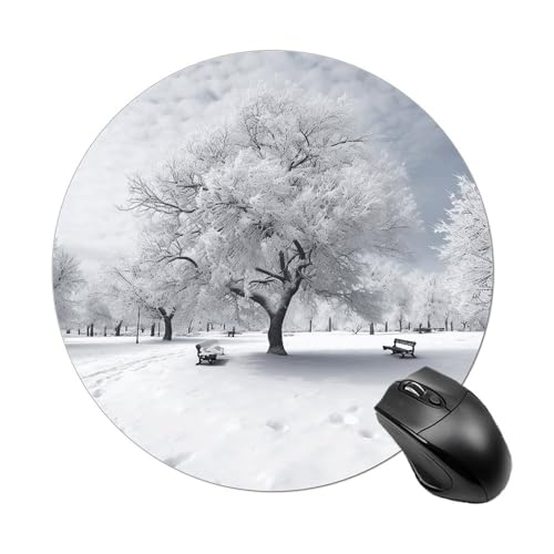 YJWANDL Mauspad mit weißem Schneebaum-Druck, rund, Computer-Mauspad für Laptop, Büro und Zuhause, 20 x 20 cm, Stil von YJWANDL