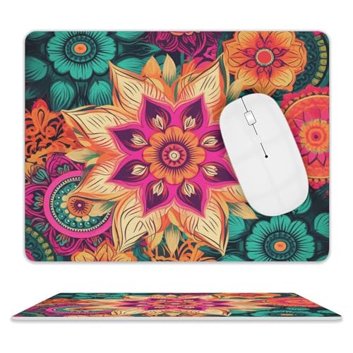 Leder-Mauspad, Boho-Mauspad, Mandala, buntes Blumenmuster, Gaming-Mauspad, Büro-Mauspad, tragbares Mauspad, Leder-Schreibtischunterlage von YJWANDO