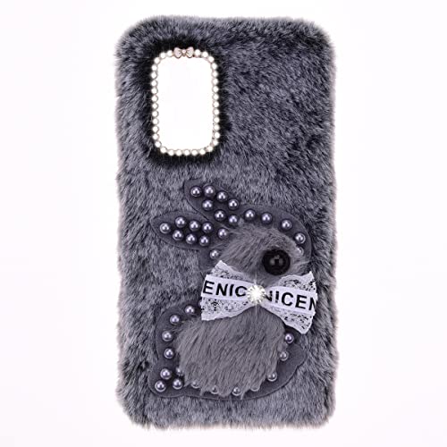 YKTO Fluffy Hasen Handyhülle für Nokia G22 süße Glitzer Diamant Perlen Mädchen,Weiche und Bequeme Kunstplüsch Telefonhülle Plüsch Kaninchen Schutzhülle Nokia G22,Graues Perlen Kaninchen von YKTO