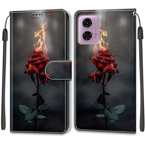 YKTO Gemalte PU SchutzHülle Flip Cover für Motorola Moto G24/G04 Wallet Phone Case Book Style Card Slots,Magnetic Closure Mobile Case PU Leather Shockproof Cover for Moto G24/G04,Feuerrose von YKTO