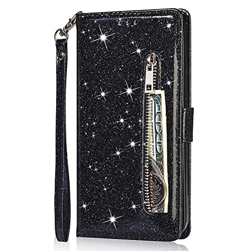 YKTO Hülle für Xiaomi 11T/11T Pro Klapphülle Bling Glitzer Brieftasche Hülle PU Leder Wallet Cover Geldbörse mit Kartenfach Standfuntion Magnet Reißverschluss Case für Xiaomi 11T/11T Pro,Schwarz von YKTO