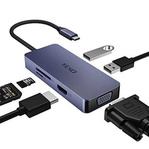 USB C Hub, YLSCI 6-in-1 USB-C Adapter mit 1 x HDMI Anschluss, 1 x VGA Anschluss, 2 x USB Anschlüssen, SD/TF-Kartenleser, Nahtlose Integration für Laptop, Smartphone, Tablet, XPS und mehr von YLSCI