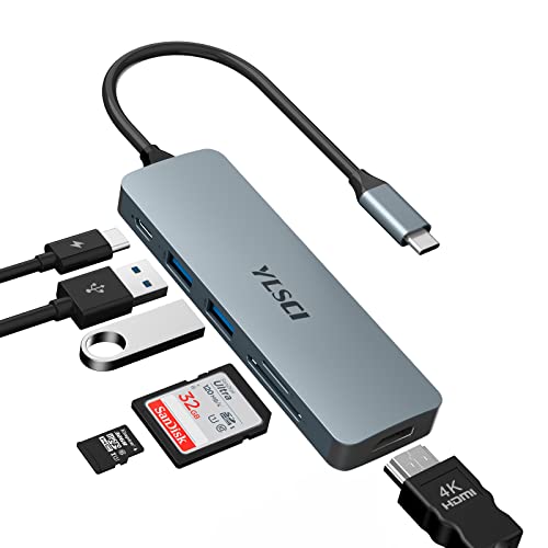 YLSCI USB Port Hub, 6-in-1 Adapter mit 4K HDMI Ausgang, 100W PD, 2 x USB 3.0-Anschlüsse, SD/TF-Kartenleser für MacBook Pro, Air, Dell, Lenovo von YLSCI