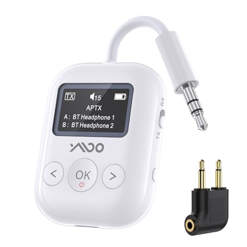 YMOO Upgraded Bluetooth 5.4 Transmitter Receiver für Flugzeug, Wireless Bluetooth Transmitter Travel Essentials, unterstützt 2 AirPods/Kopfhörer, 2-in-1-Adapter für Flugzeuge, TV (Weiß) von YMOO