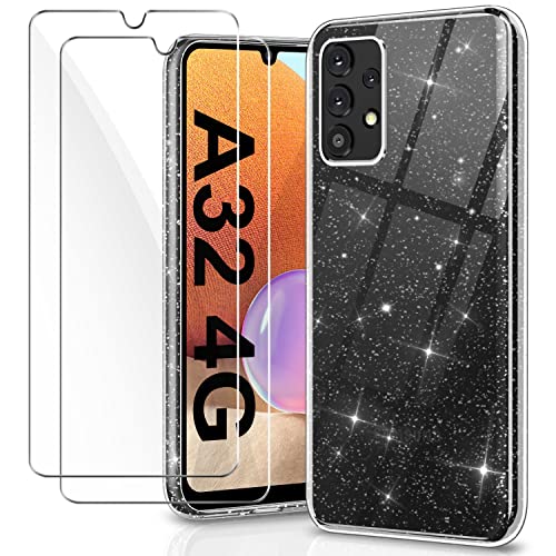 YNMEacc Hülle für Samsung Galaxy A32 4G (Nicht für A32 5G) mit 2 Stück Schutzfolie, Glitzer Handyhülle Ultra Dünn Transparent Soft Silikon Stoßfeste Schutzhülle Case von YNMEacc