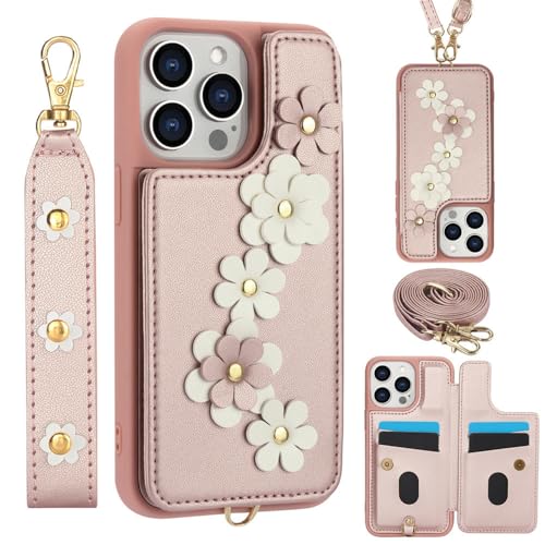 YOGISU 3IN1 Crossbody-Seil-Handgelenksschlaufe Leder-Geldbörsen-Handyhülle für iPhone 15 11 12 13 14 Pro Max X XR XS 7 8 Plus SE Cover, Pink, Für iPhone 14 von YOGISU