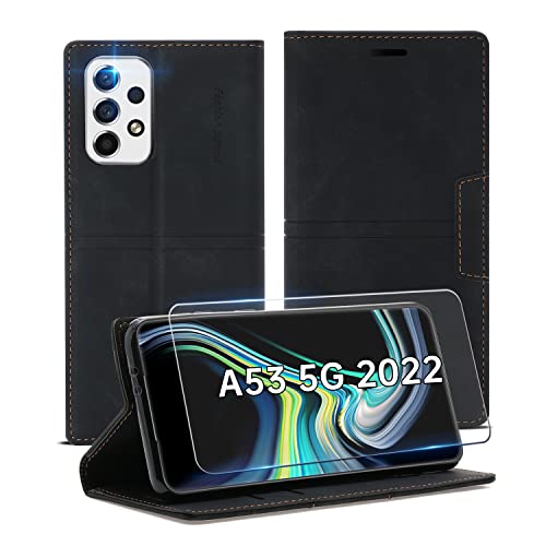 YOLMFOEV 2022 Handyhülle für Samsung Galaxy A53 5G Hülle(mit A53 Schutzfolie) Premium Leder Für Samsung A53 5G Hülle Klappbar,Brieftasche mit Kickstand-Funktion für Samsung Galaxy A53 5G von YOLMFOEV