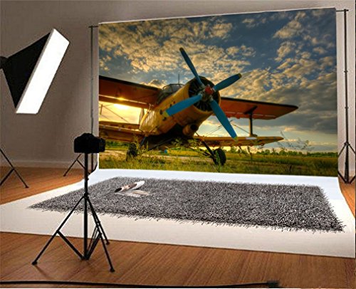 YongFoto 1,5x1m Vinyl Foto Hintergrund Weinlese Flugzeug Rasenfl鋍he Blauer Himmel Weisse Wolke Fotografie Hintergrund f黵 Fotoshooting Portraitfotos Party Kinder Fotostudio Requisiten von YONGFOTO