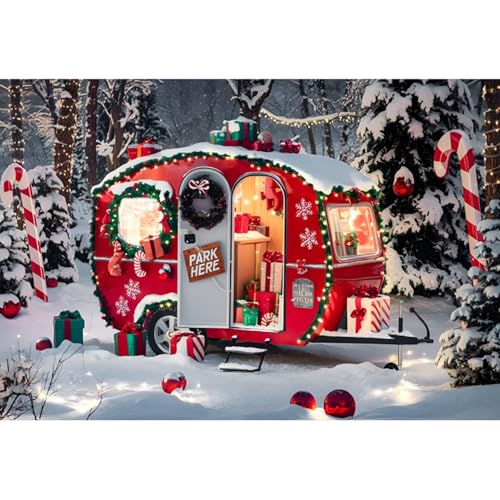 YongFoto 1,5x1m Weihnachten Wohnmobil Fotografie Hintergrund Lichterkette Geschenkbox Stock Glocken Fotohintergrund für Camping Freien Schneelandschaft Partydekorationen Portrait Fotoshooting Studio von YONGFOTO