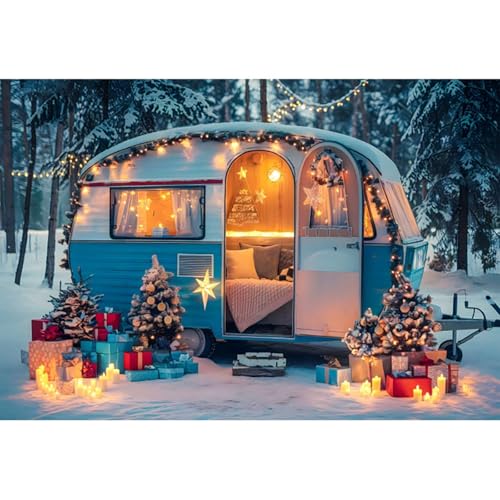 YongFoto 3,5x2,5m Weihnachten Wohnmobil Fotografie Hintergrund Wald Lichterkette Geschenkbox Fotohintergrund für Camping Freien Schneelandschaft Partydekorationen Portrait Fotoshooting Studio von YONGFOTO