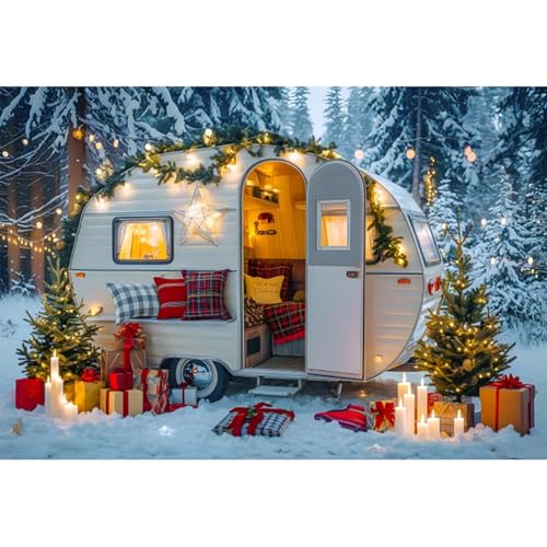 YongFoto 3x2,5m Weihnachten Wohnmobil Fotografie Hintergrund Gefrorener Kiefernbaum Lichterkette Fotohintergrund für Camping Freien Schneelandschaft Partydekorationen Portrait Fotoshooting Studio von YONGFOTO