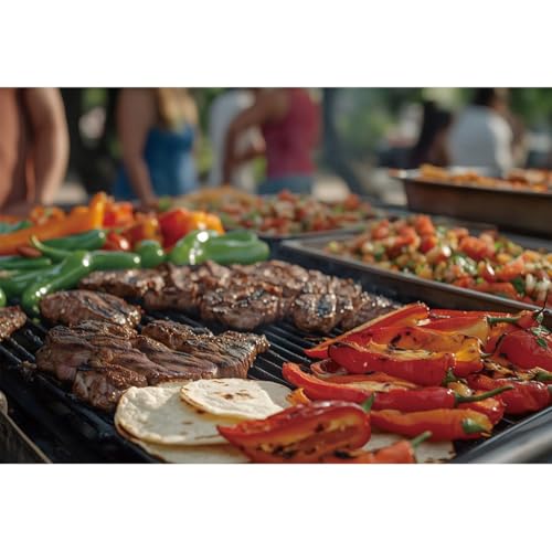 YongFoto 3x2m Grillen im Freien Fotohintergrund Steak und grüne Paprika Pancakes Grillzutaten Szene im Freien Hintergrund für Freund Familie Mottoparty Fotostudio Requisiten von YONGFOTO