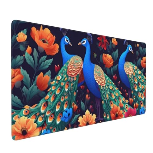 Gaming Mauspad XXL 600 x 300 mm, Pfau Mauspad Groß mit Vernähten Kanten, Gaming Mousepad Blume mit Verbessert Präzision und Geschwindigkeit, Mousepad XXL Wasserdicht für Büro, Zimmer Deko H-419 von YOOYLLCY