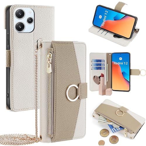 YOUULAR Schutzhülle mit Umhängegurt, kompatibel mit Xiaomi Poco F6/Xiaomi Redmi Turbo 3, magnetische Handtasche, Reißverschlusstasche, PU-Leder, Flip, stoßfest, mit Ständer, Weiß von YOUULAR