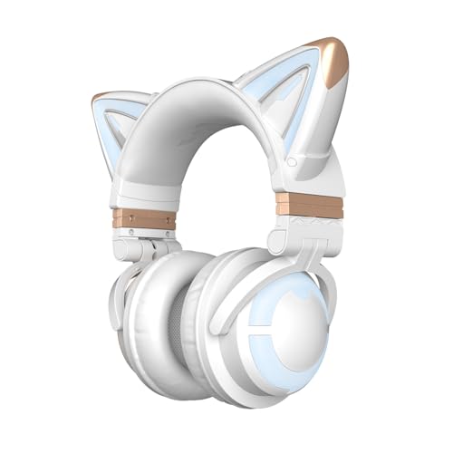 YOWU RGB Cat Ear Kopfhörer 3G Wireless 5.0 Faltbares Gaming-Headset mit 7.1 Surround Sound, integriertem Mikrofon und anpassbarer Beleuchtung und Effekt per App, Typ-C-Lade-Audiokabel (weiß) von YOWU