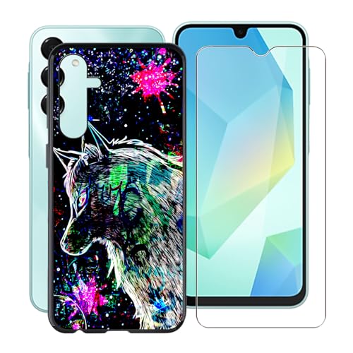 YQINHHME Hülle für Samsung Galaxy A16 (6.70 Zoll) Mit 1 X Gehärtetem Glas Schutzfolie, Ultradünne Schwarz Kratzfest Weich Silikon TPU Bumper Schutzhülle Cover für Samsung Galaxy A16 - Punkwolf von YQINHHME