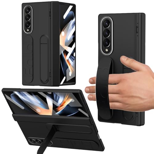 YQODSZ Schutzhülle für Samsung Galaxy Z Fold 4 mit Armband, Z Fold 4 Kickstand Hülle mit Scharnierschutz, Displayschutzfolie, erhöhter Kantenschutz, Schutzhülle für Samsung Galaxy Z Fold 4, Schwarz von YQODSZ