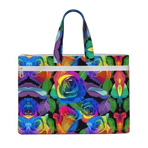 Laptop-Tragetasche mit mehrfarbigen Rosen-Aufdruck, Canvas-Arbeitstasche für Damen, Lehrer, Arbeit, Reißverschluss, Aktentasche, Kuriertasche von YQxwJL