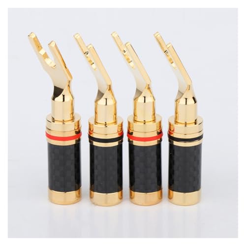 YUEKOPOU Bananen-Lautsprecher-Stecker, Bananen-Kab 4 Pcs Speaker Cable Pure Red Copper Gold Plated Carbon Fiber Spade Plug Terminal Connector Speaker Cable Extension Adapte von YUEKOPOU