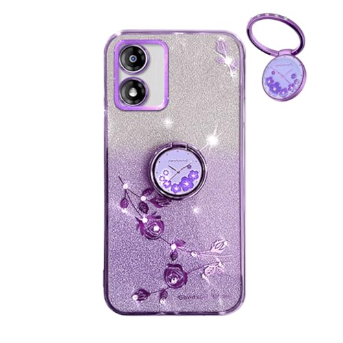 YUEQIAN Glitzer Hülle für Motorola Moto E13 4G, Ultra Dünn Glitzernd Bling Frauen/Mädchen Stoßfest Handyhülle, mit Glänzende Diamant Blumen Ring Ständer Schutzhülle. Lila von YUEQIAN