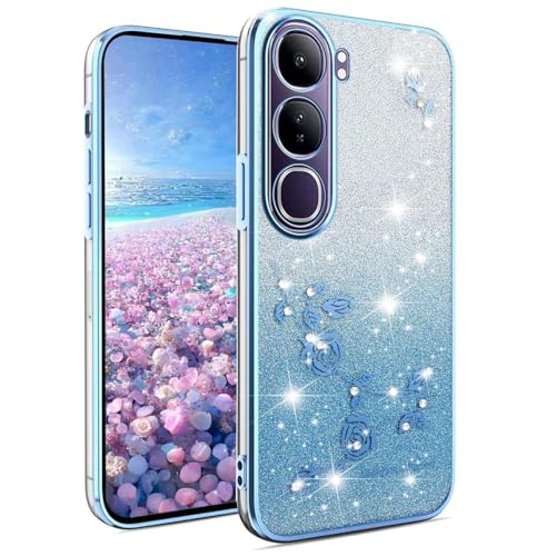 YUEQIAN Glitzer Hülle für Vivo V40 SE 80W, Ultra Dünn Transparent Weich TPU Silikon Stoßfest Handyhülle, Glänzende Diamant Blumen Frauen Mädchen Schutzhülle. Blau von YUEQIAN