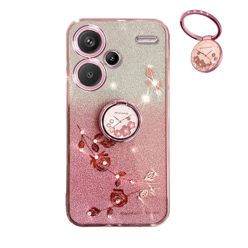 YUEQIAN Glitzer Hülle für Xiaomi Redmi Note 13 Pro+ Plus 5G, Ultra Dünn Glitzernd Bling Frauen/Mädchen Stoßfest Handyhülle, mit Glänzende Diamant Blumen Ring Ständer Schutzhülle. Rosa von YUEQIAN