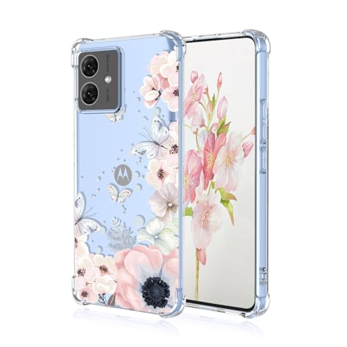 YUEQIAN Hülle für Motorola Moto G54 5G, Bunte Hübsch Blumen Cartoon Muster Clear Handyhülle, Transparent Ultradünn Weich TPU Bumper Stoßfest Mädchen Schutzhülle (Sakura) von YUEQIAN