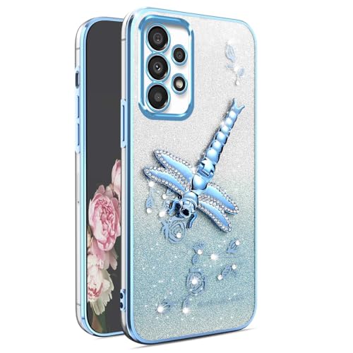 YUEQIAN Transparent Glitzer Hülle für Samsung Galaxy A52s 5G/Samsung Galaxy A52, Ultradünn Glitzernd Bling TPU Stoßfest Handyhülle, Glänzende Blumen Libelle Ständer Mädchen Schutzhülle. Blau von YUEQIAN