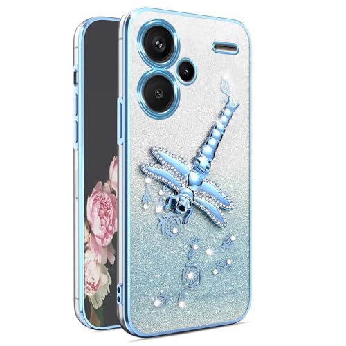 YUEQIAN Transparent Glitzer Hülle für Xiaomi Redmi Note 13 Pro+ Plus 5G, Ultradünn Glitzernd Bling TPU Stoßfest Handyhülle, Glänzende Blumen Libelle Ständer Mädchen Schutzhülle. Blau von YUEQIAN