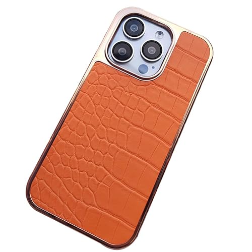 YUHRSTO Echtes Leder Hülle für iPhone 15 Pro Max/15 Pro/15, Krokodil Handyhülle mit KameraSchutz Galvanisierte Stoßfeste Schutzhülle,Orange,15 von YUHRSTO